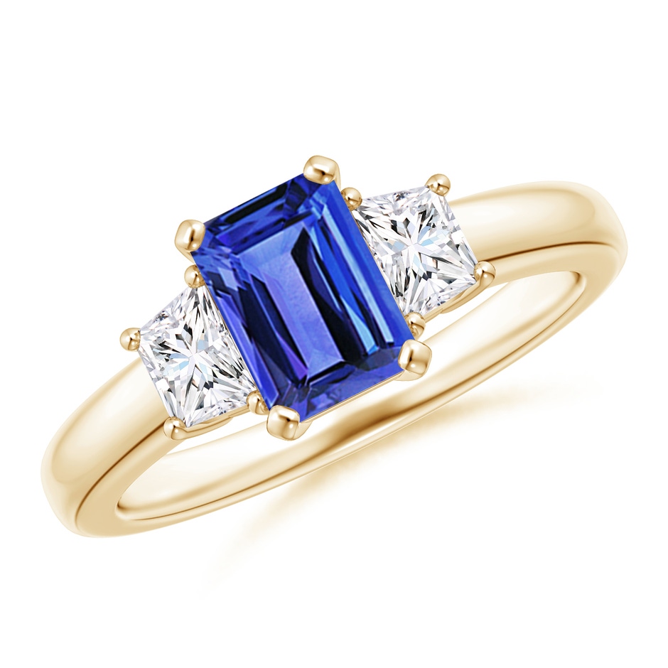 7x5mm AAA Tanzanite and Diamond Three Stone Ring in Yellow Gold 