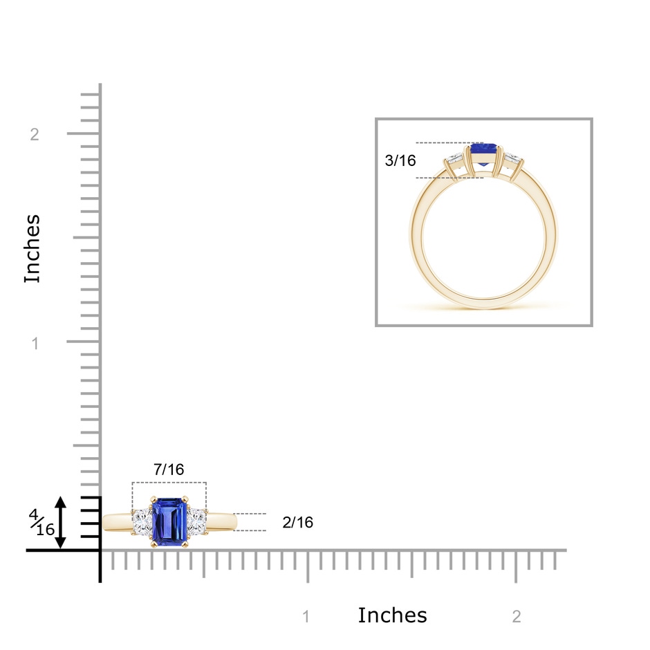 7x5mm AAA Tanzanite and Diamond Three Stone Ring in Yellow Gold Ruler