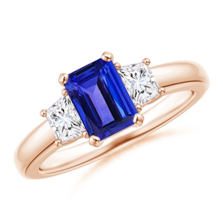 7x5mm AAAA Tanzanite and Diamond Three Stone Ring in Rose Gold