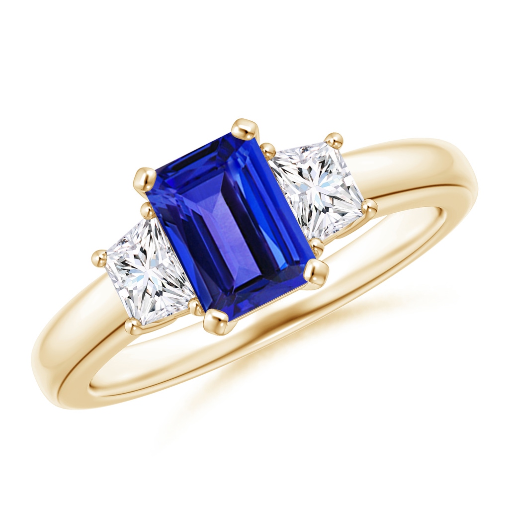 7x5mm AAAA Tanzanite and Diamond Three Stone Ring in Yellow Gold