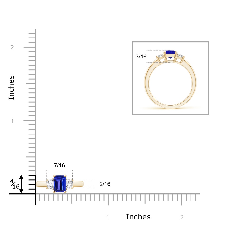 7x5mm AAAA Tanzanite and Diamond Three Stone Ring in Yellow Gold Ruler