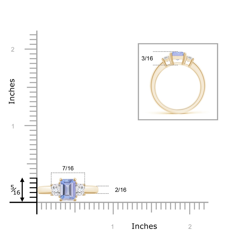 8x6mm A Tanzanite and Diamond Three Stone Ring in Yellow Gold ruler