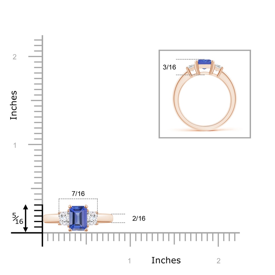 8x6mm AA Tanzanite and Diamond Three Stone Ring in Rose Gold Ruler