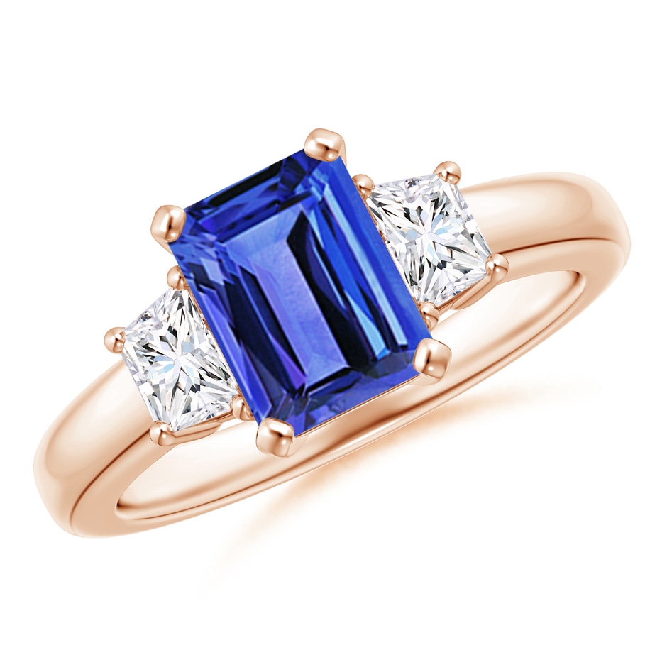 8x6mm AAA Tanzanite and Diamond Three Stone Ring in Rose Gold 