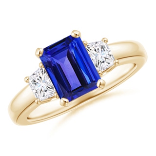 8x6mm AAAA Tanzanite and Diamond Three Stone Ring in Yellow Gold