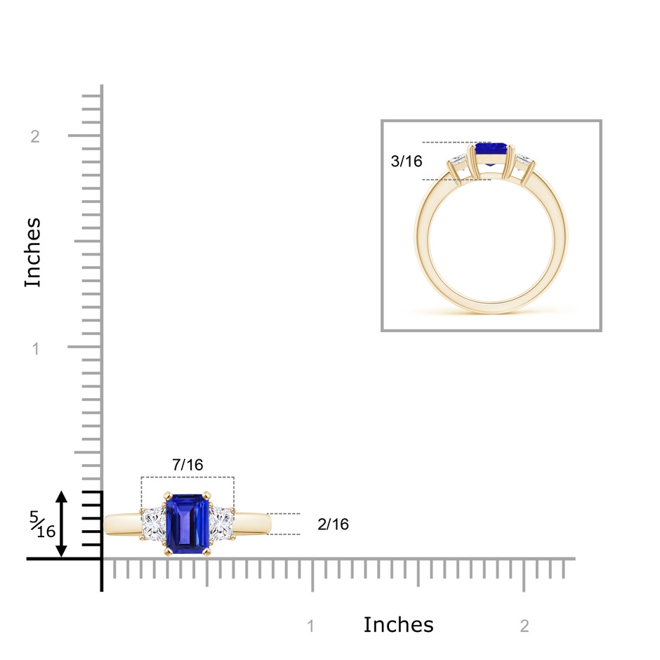 8x6mm AAAA Tanzanite and Diamond Three Stone Ring in Yellow Gold ruler