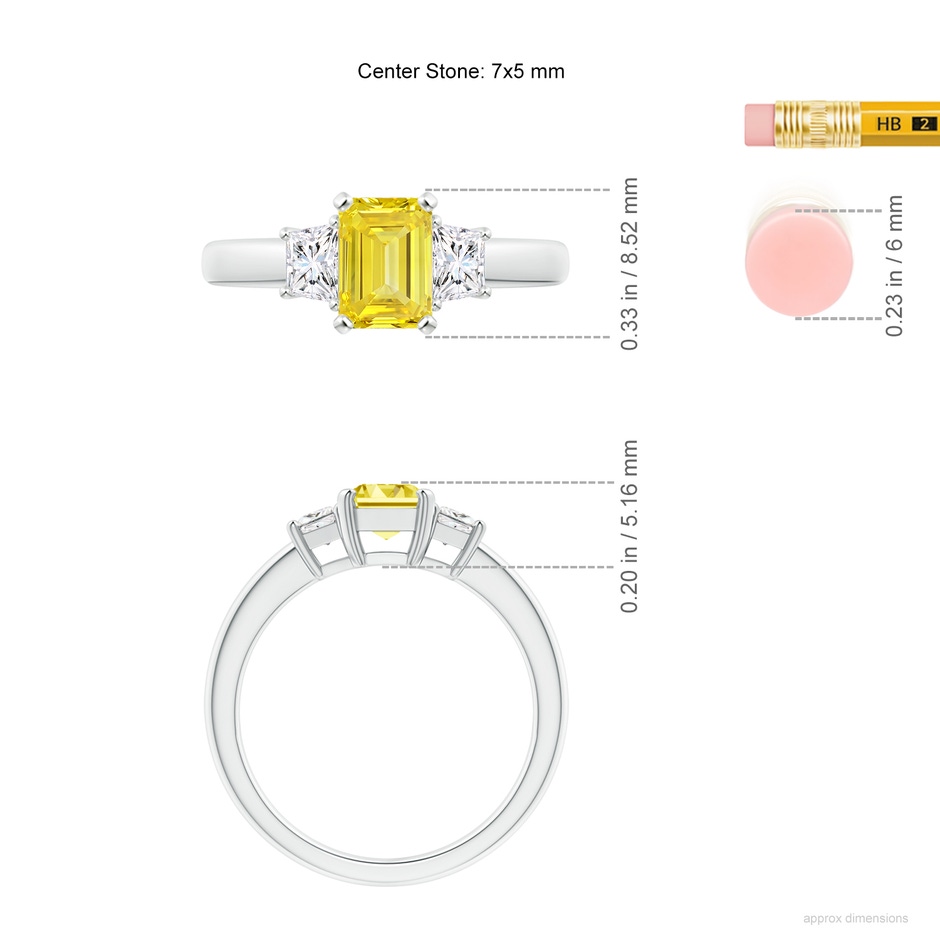 7x5mm AAAA Fancy Intense Yellow and White Diamond Three Stone Ring in P950 Platinum ruler
