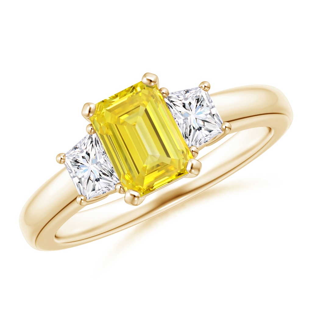 7x5mm AAAA Fancy Intense Yellow and White Diamond Three Stone Ring in Yellow Gold