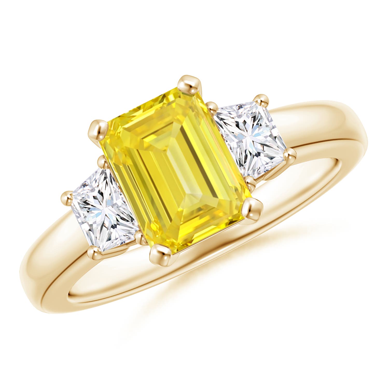 Angara 2.38 CTW Fancy Intense Yellow Emerald-Cut and White Trapezoid Diamond Three Stone Engagement Ring in 18K Yellow Gold