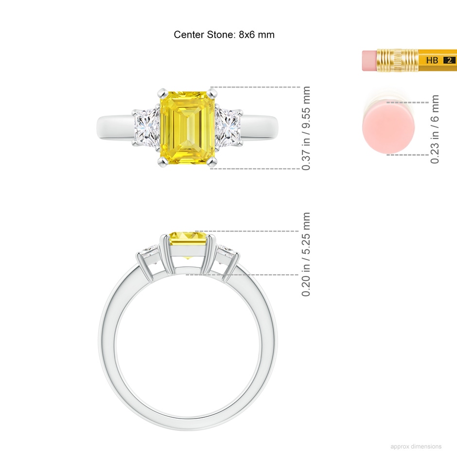 8x6mm AAAA Fancy Intense Yellow and White Diamond Three Stone Ring in White Gold ruler