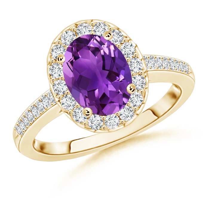 9x7mm AAAA Classic Oval Amethyst Halo Ring with Diamond Accents in Yellow Gold 