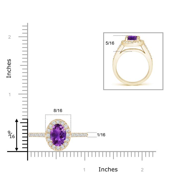 9x7mm AAAA Classic Oval Amethyst Halo Ring with Diamond Accents in Yellow Gold ruler