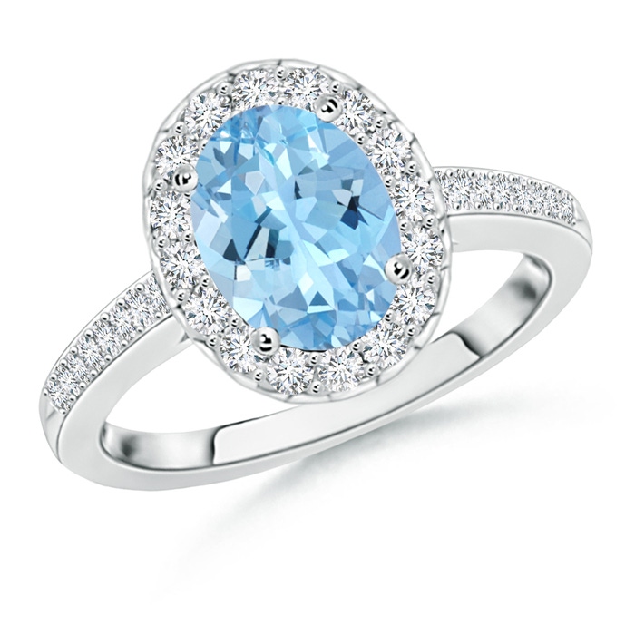 9x7mm AAAA Classic Oval Aquamarine Halo Ring with Diamond Accents in White Gold