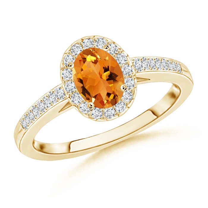 7x5mm AAA Classic Oval Citrine Halo Ring with Diamond Accents in Yellow Gold 