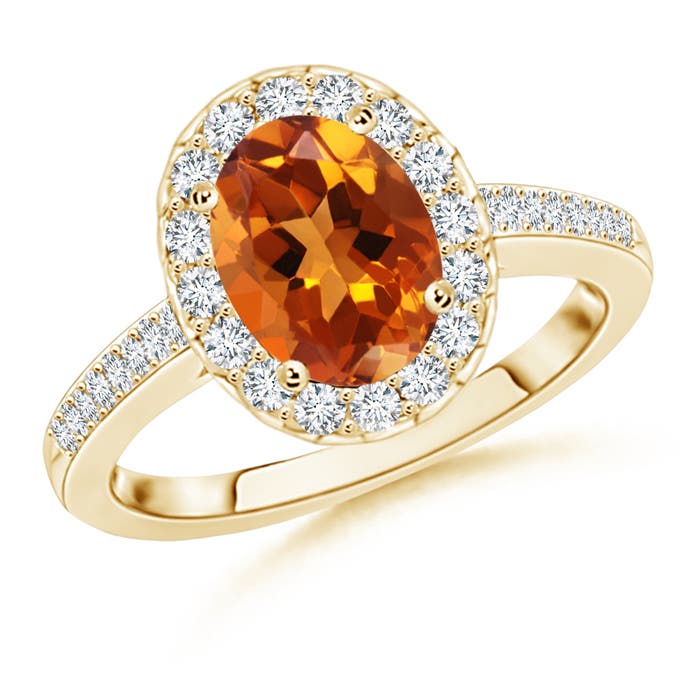 9x7mm AAAA Classic Oval Citrine Halo Ring with Diamond Accents in Yellow Gold