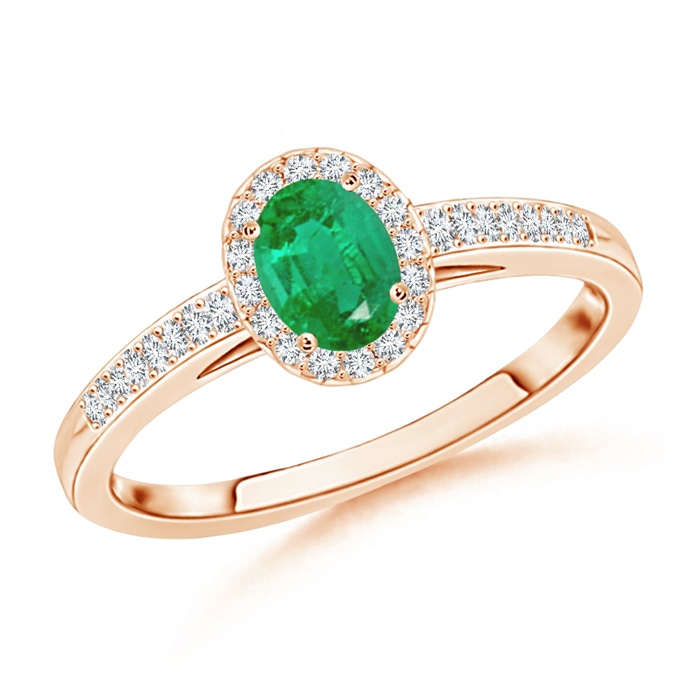 5x3mm AA Classic Oval Emerald Halo Ring with Diamond Accents in Rose Gold 
