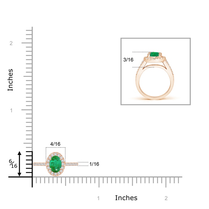 5x3mm AA Classic Oval Emerald Halo Ring with Diamond Accents in Rose Gold ruler