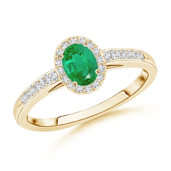 5x3mm AA Classic Oval Emerald Halo Ring with Diamond Accents in Yellow Gold 