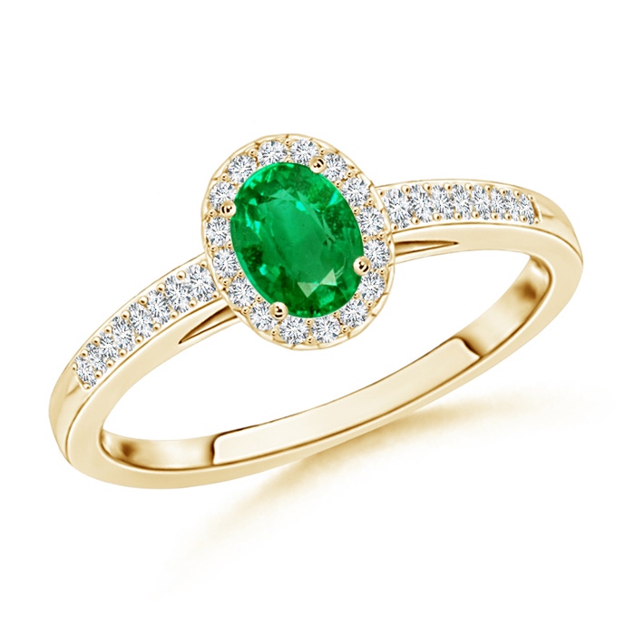 5x3mm AAA Classic Oval Emerald Halo Ring with Diamond Accents in Yellow Gold
