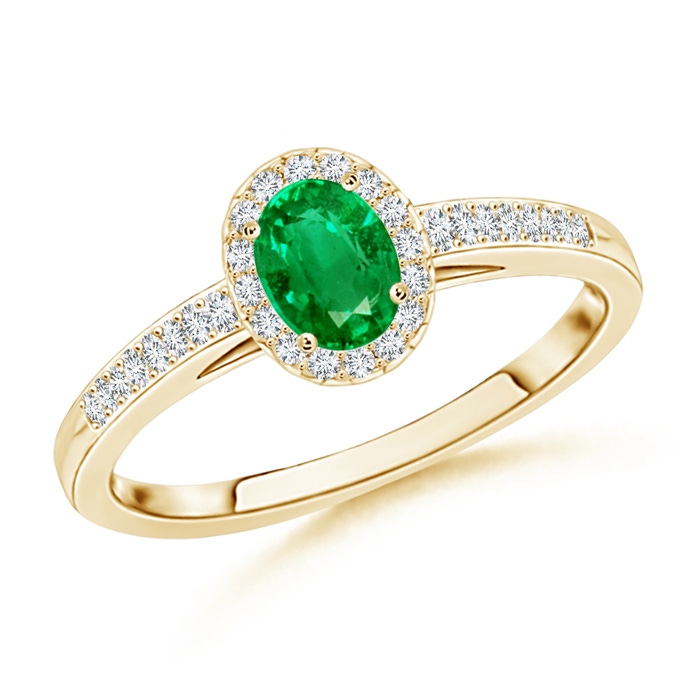 5x3mm AAA Classic Oval Emerald Halo Ring with Diamond Accents in Yellow Gold 