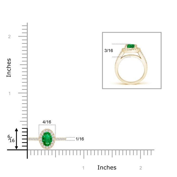5x3mm AAA Classic Oval Emerald Halo Ring with Diamond Accents in Yellow Gold Ruler