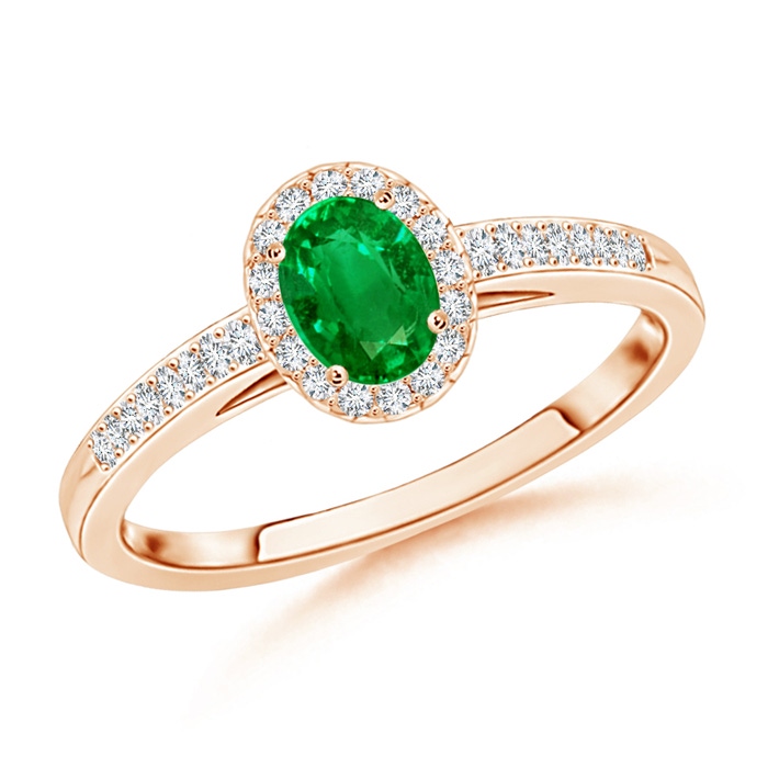 5x3mm AAAA Classic Oval Emerald Halo Ring with Diamond Accents in Rose Gold