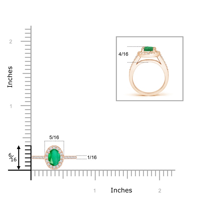 6x4mm A Classic Oval Emerald Halo Ring with Diamond Accents in Rose Gold ruler