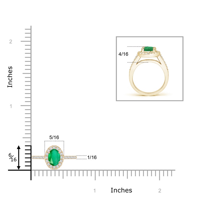 6x4mm A Classic Oval Emerald Halo Ring with Diamond Accents in Yellow Gold ruler