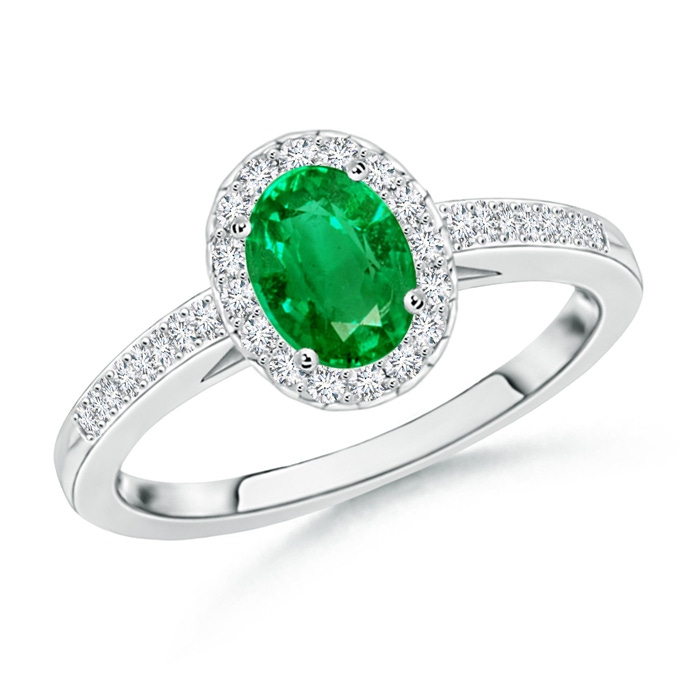 6x4mm AAA Classic Oval Emerald Halo Ring with Diamond Accents in White Gold