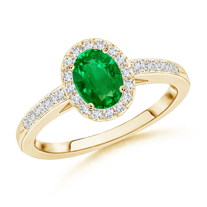 6x4mm AAAA Classic Oval Emerald Halo Ring with Diamond Accents in Yellow Gold 