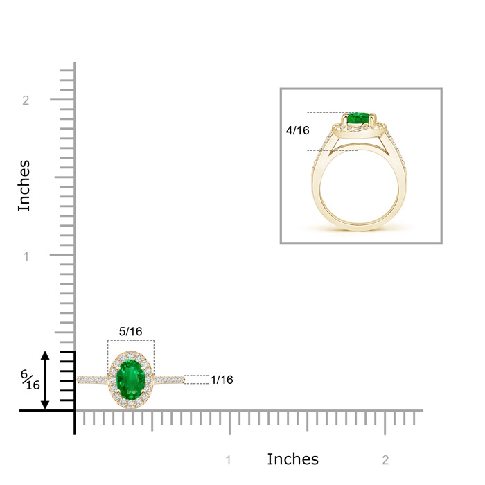6x4mm AAAA Classic Oval Emerald Halo Ring with Diamond Accents in Yellow Gold ruler