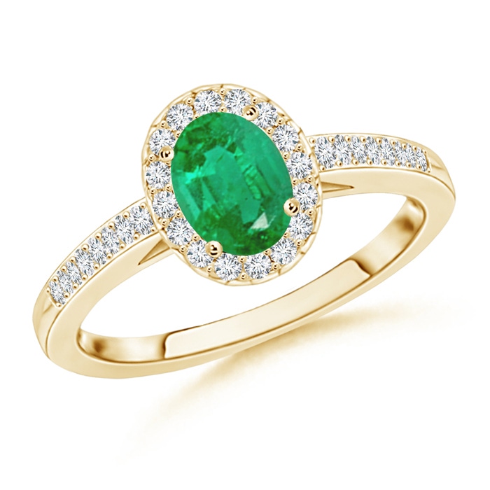 7x5mm AA Classic Oval Emerald Halo Ring with Diamond Accents in Yellow Gold 