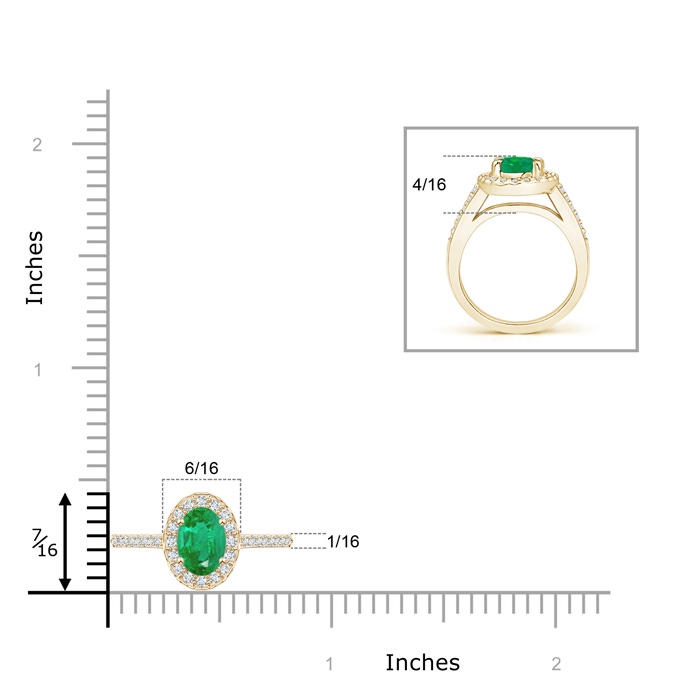 7x5mm AA Classic Oval Emerald Halo Ring with Diamond Accents in Yellow Gold ruler