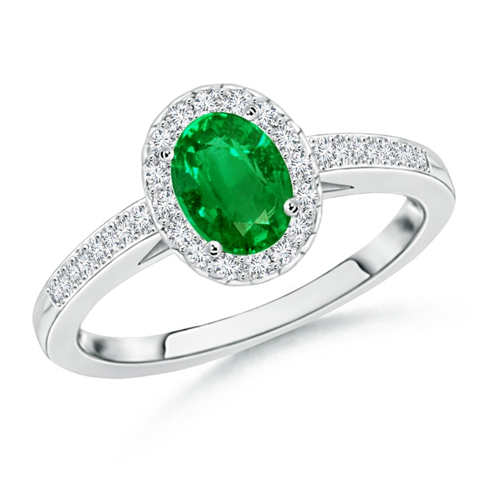 7x5mm AAAA Classic Oval Emerald Halo Ring with Diamond Accents in P950 Platinum 