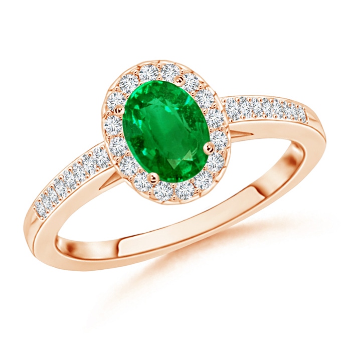7x5mm AAAA Classic Oval Emerald Halo Ring with Diamond Accents in Rose Gold 