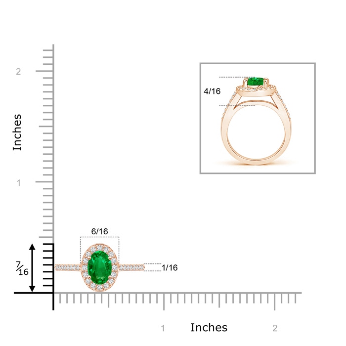 7x5mm AAAA Classic Oval Emerald Halo Ring with Diamond Accents in Rose Gold ruler