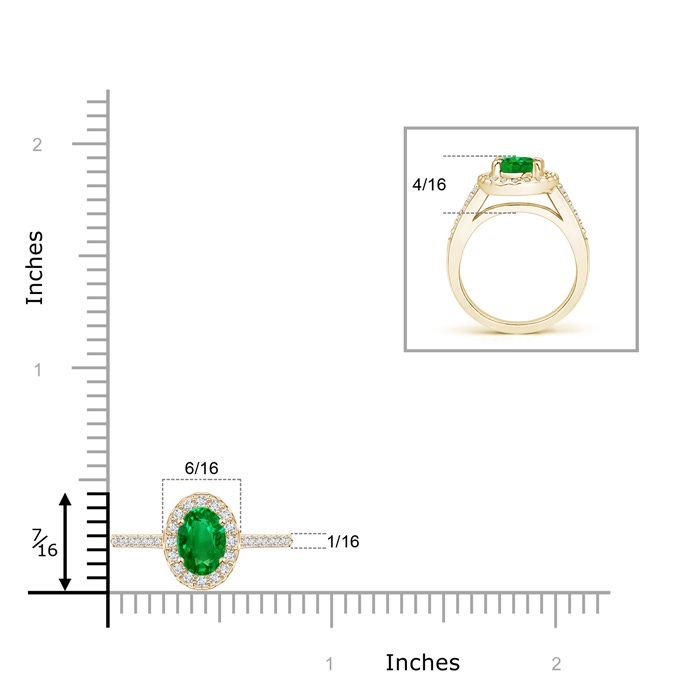 7x5mm AAAA Classic Oval Emerald Halo Ring with Diamond Accents in Yellow Gold ruler
