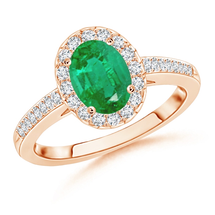 8x6mm AA Classic Oval Emerald Halo Ring with Diamond Accents in Rose Gold 
