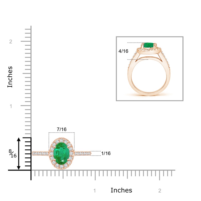 8x6mm AA Classic Oval Emerald Halo Ring with Diamond Accents in Rose Gold ruler