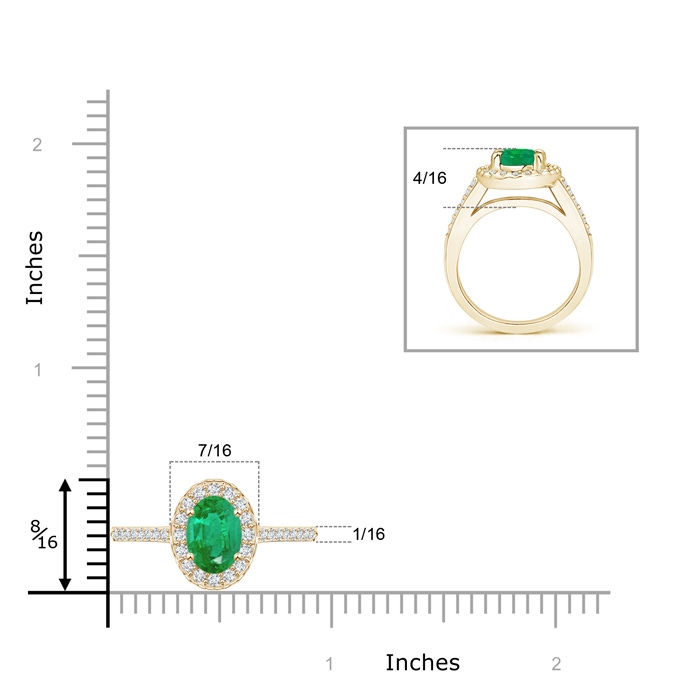 8x6mm AA Classic Oval Emerald Halo Ring with Diamond Accents in Yellow Gold ruler