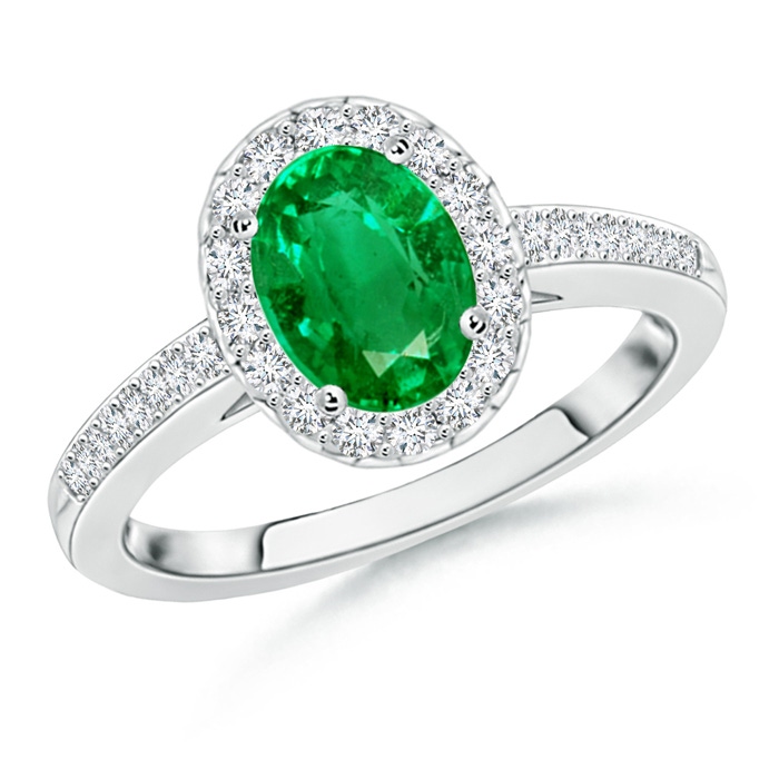 8x6mm AAA Classic Oval Emerald Halo Ring with Diamond Accents in White Gold