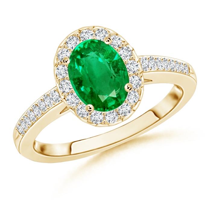 8x6mm AAA Classic Oval Emerald Halo Ring with Diamond Accents in Yellow Gold 
