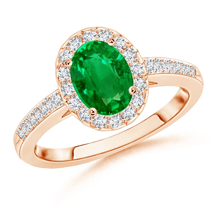 8x6mm AAAA Classic Oval Emerald Halo Ring with Diamond Accents in Rose Gold 