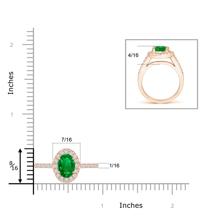 8x6mm AAAA Classic Oval Emerald Halo Ring with Diamond Accents in Rose Gold ruler