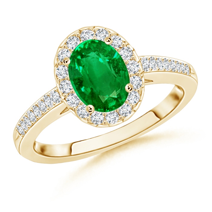 8x6mm AAAA Classic Oval Emerald Halo Ring with Diamond Accents in Yellow Gold 