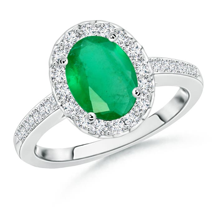 9x7mm A Classic Oval Emerald Halo Ring with Diamond Accents in P950 Platinum