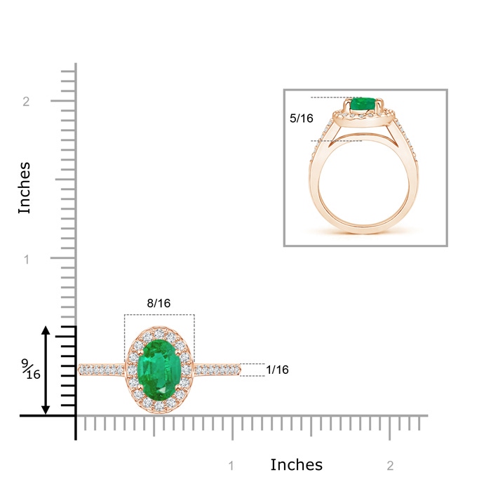 9x7mm AA Classic Oval Emerald Halo Ring with Diamond Accents in Rose Gold ruler
