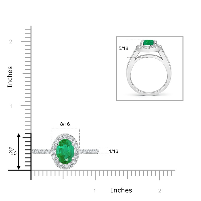 9x7mm AA Classic Oval Emerald Halo Ring with Diamond Accents in White Gold ruler