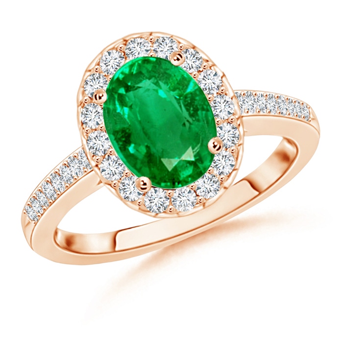 9x7mm AAA Classic Oval Emerald Halo Ring with Diamond Accents in Rose Gold 