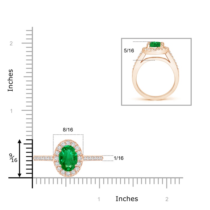 9x7mm AAA Classic Oval Emerald Halo Ring with Diamond Accents in Rose Gold ruler